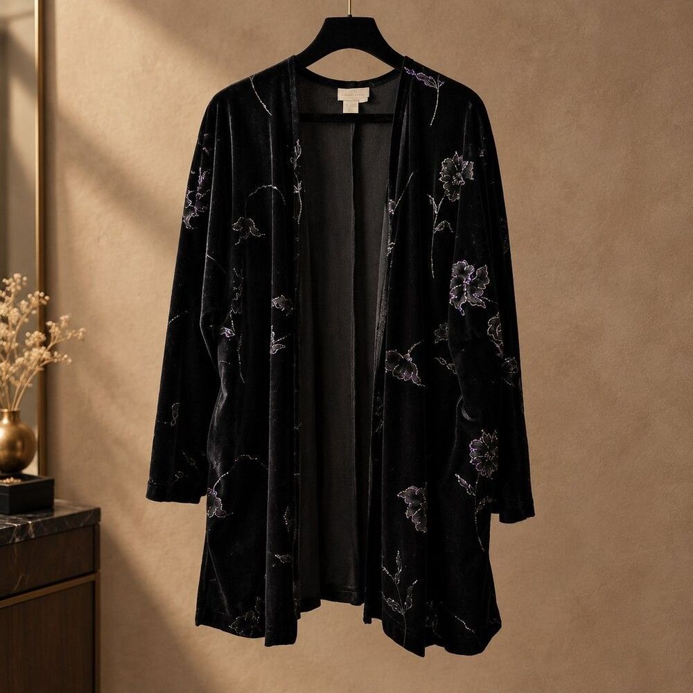 Coldwater Creek M Black glitter floral print open dressy jacket